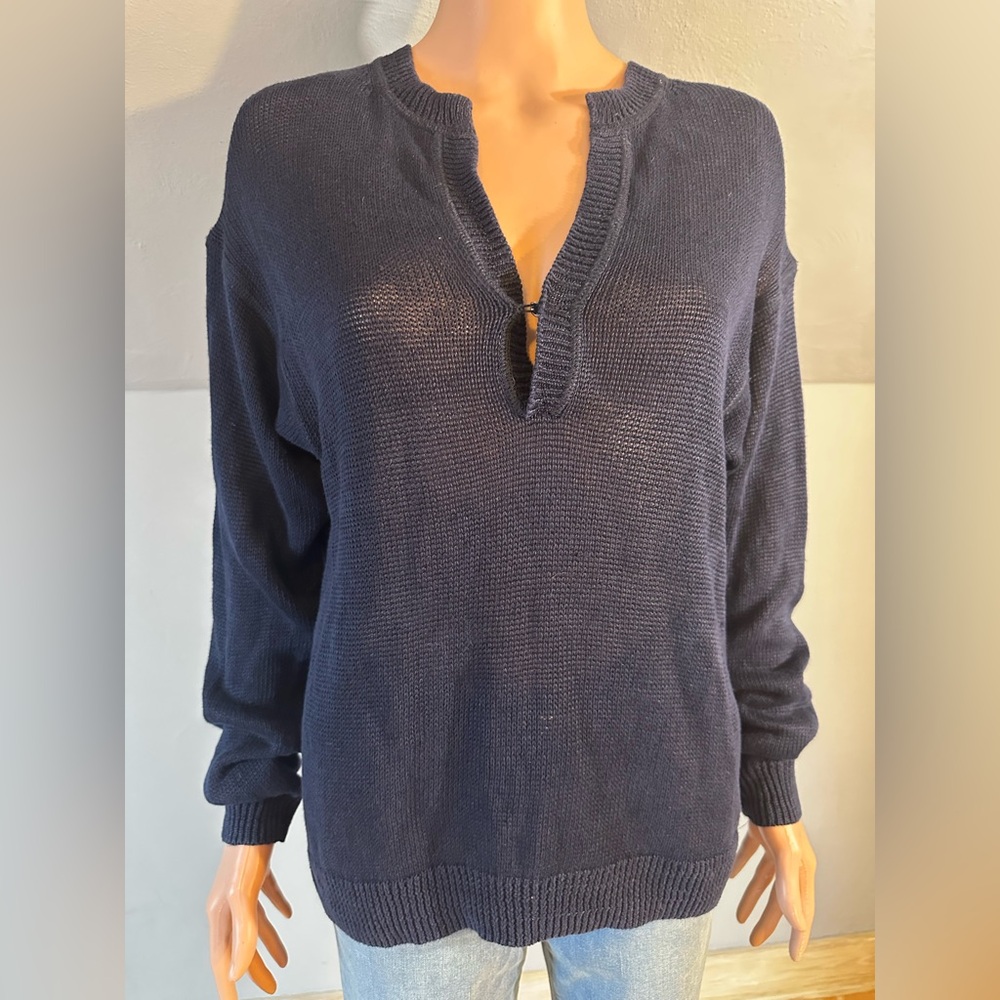 J.Crew Linen Knit Sweater Navy Split-Neck Pullover Size Small EUC